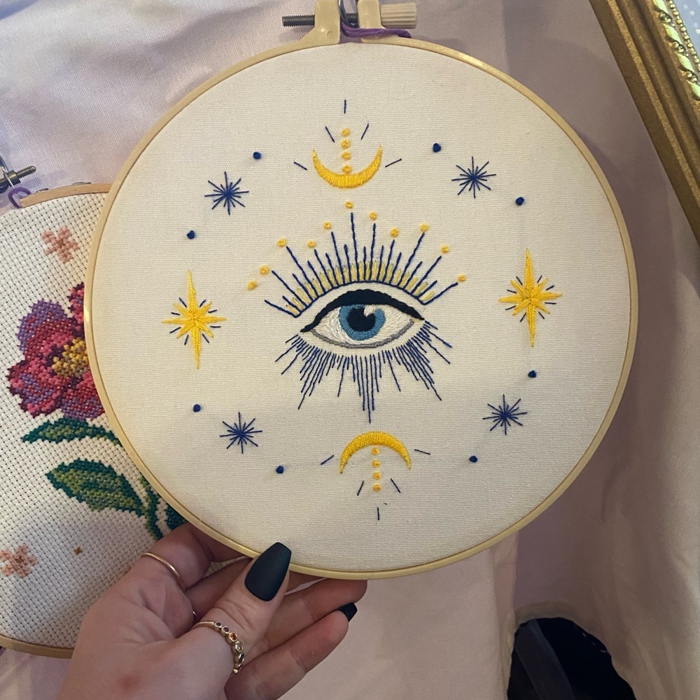 Mystical Eye Embroidery Hoop Art - Blue and Yellow